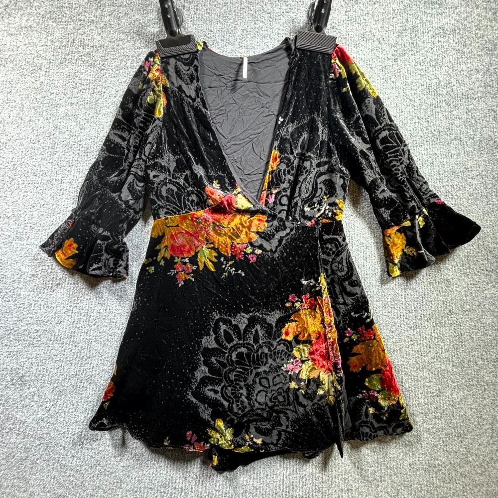 Free People Burnout Velvet Wrap Mini Dress Women Medium Black Floral Bell Sleeve